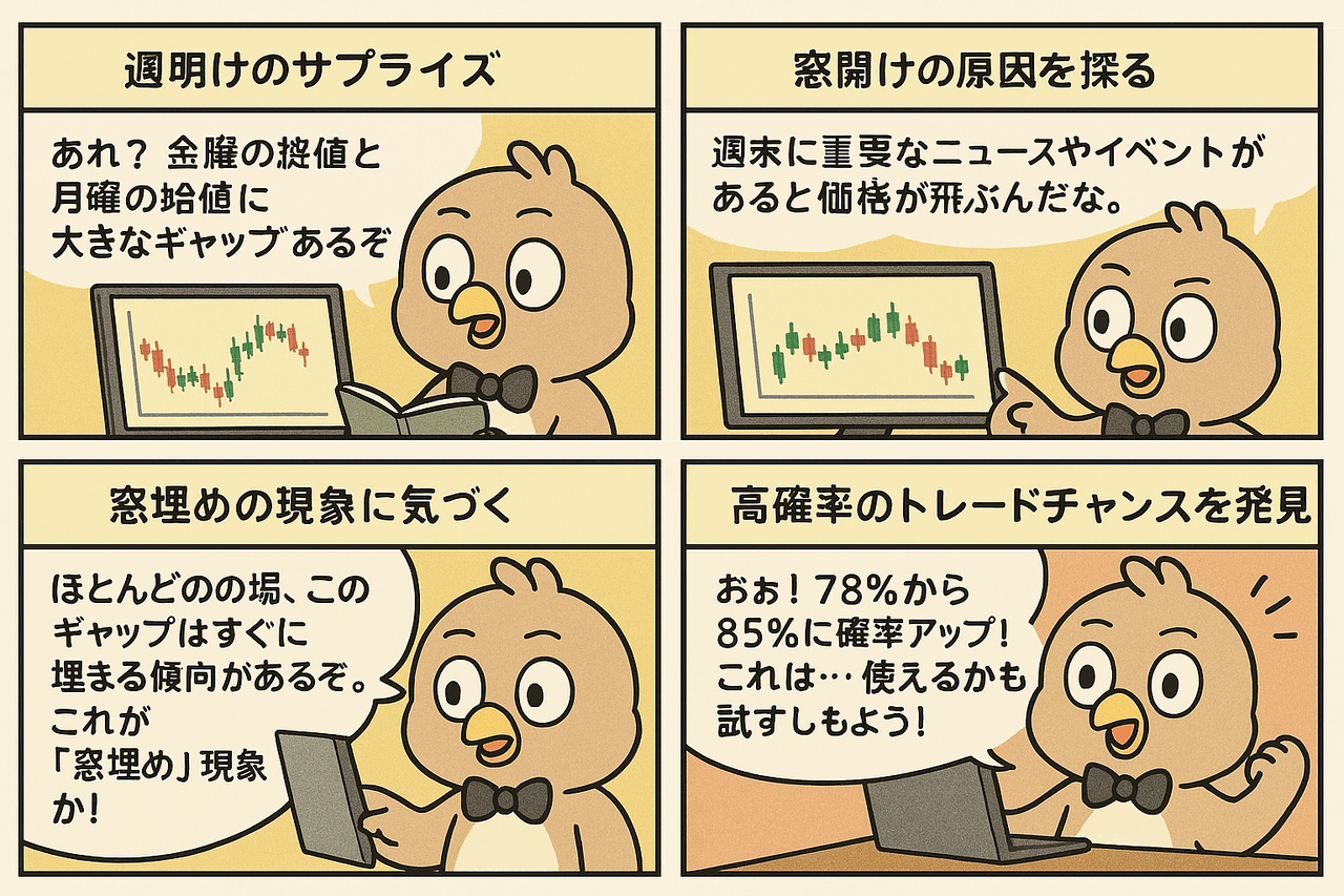 FX初心者必見：窓開け・窓埋めの原因と83%の高確率パターン分析 | FXトレード手法検証ハウス