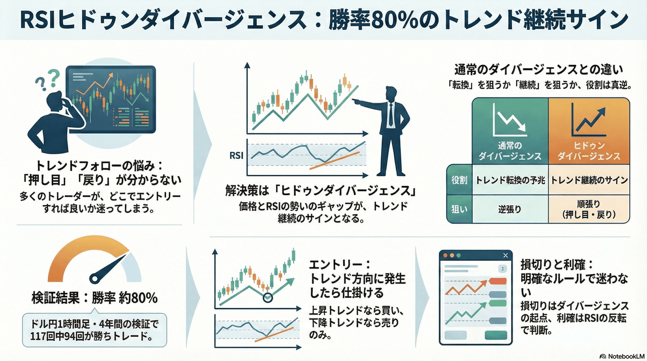 RSIヒドゥンダイバージェンスは“トレンド継続サイン”｜むずかしい押し目・戻りを一発で見極める方法 | FXトレード手法検証ハウス